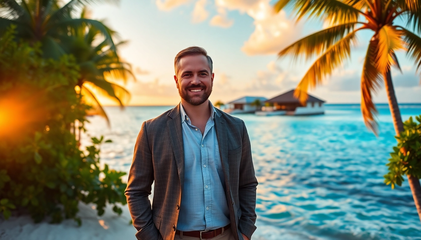 Dustin Rennie Belize, standing at Ambergris Caye beach, representing a leading real estate expert in a stunning Caribbean setting.
