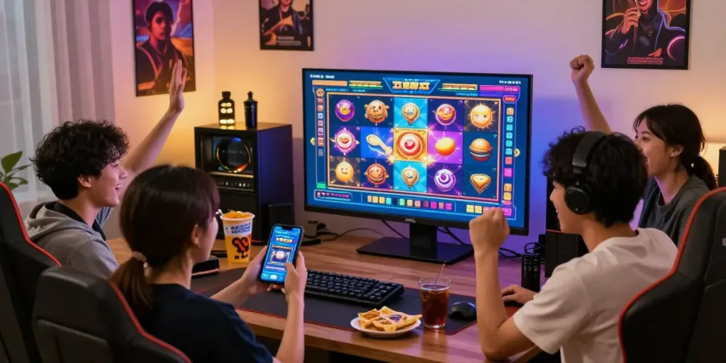 Exciting group gaming scene featuring rokok88 alternatif gameplay with diverse players.