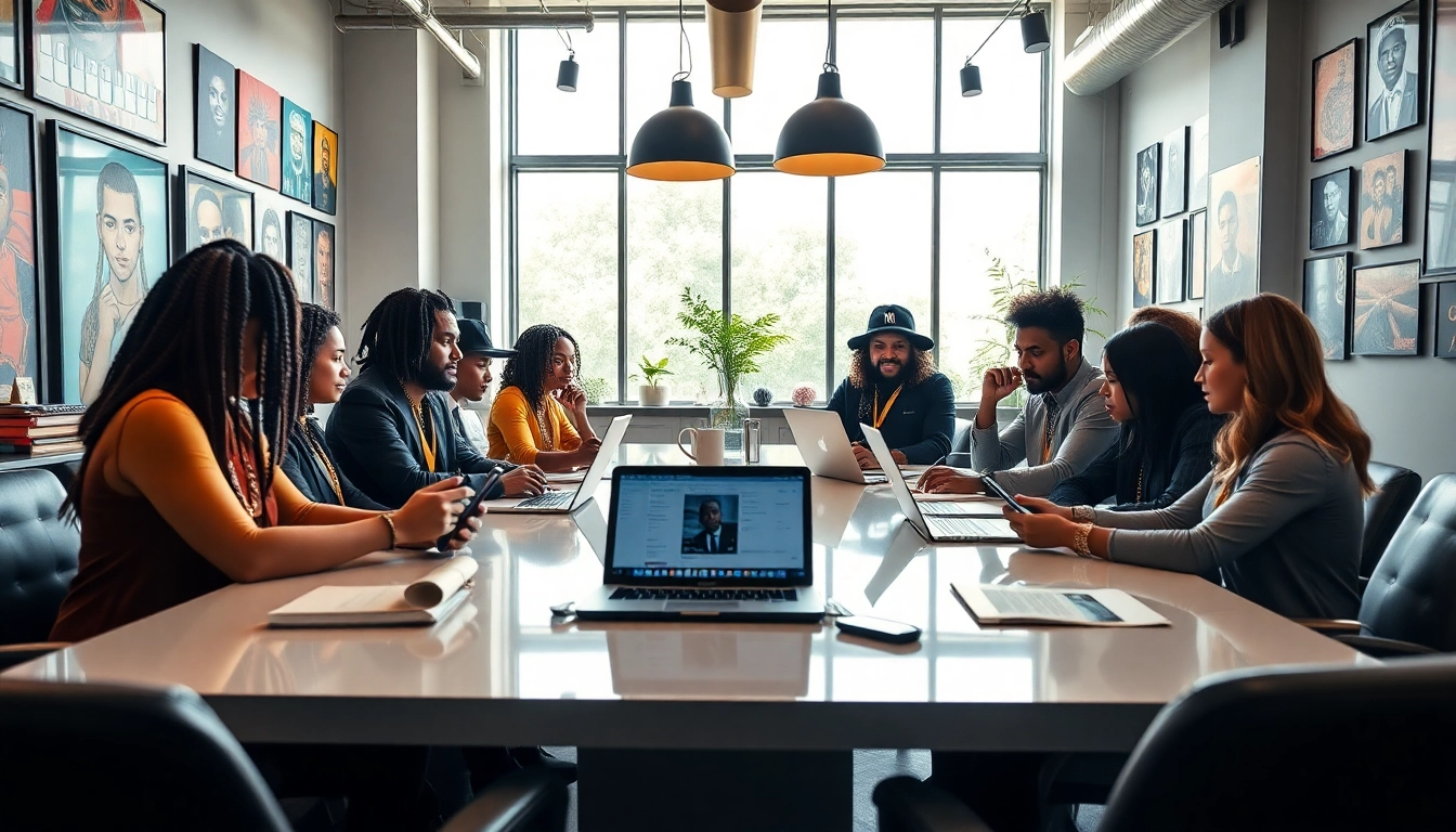 Hip hop PR agency team collaborating to elevate artists' careers through innovative marketing strategies.