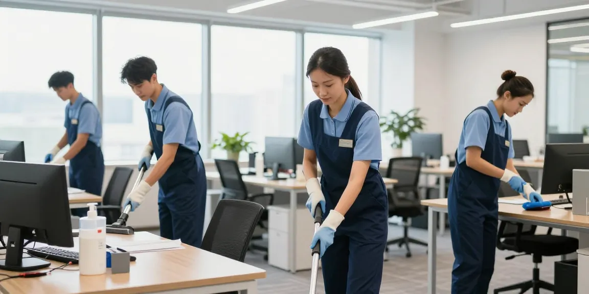 Putzfirma Dortmund in Aktion, Reinigungsteam sorgt für Sauberkeit in modernem Büro mit professioneller Ausstrahlung.