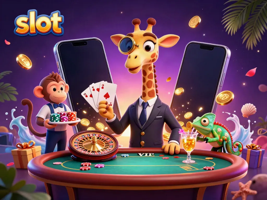 Jerapah dan pelayan monyet di meja poker dengan permainan slot, chip, dan koin emas.