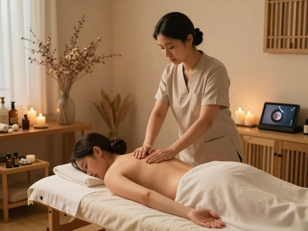 Relaxing 삼성동마사지 session in a serene wellness studio with soothing decor.