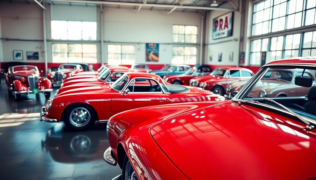 Showcase of PRA Classic Cars in a well-lit vintage car dealership
