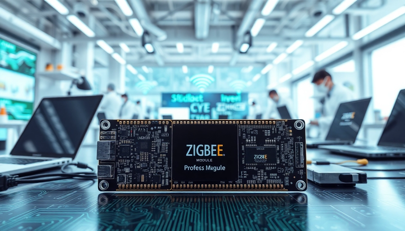 Zigbee module showcased in a modern lab setting with vibrant circuit boards and technology elements.