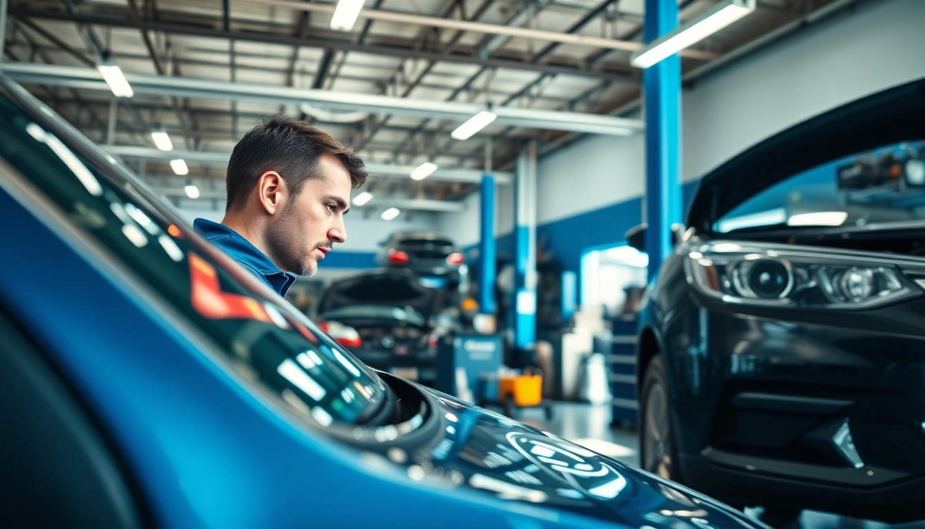 Find auto repair near me showcased through a mechanic working diligently in a bright garage.