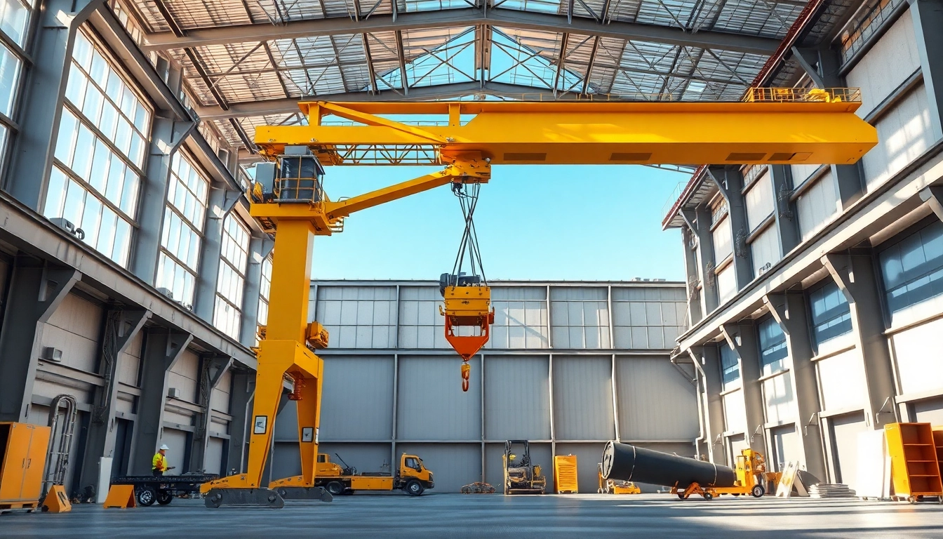 Bridge crane lifting heavy materials in a spacious industrial warehouse setting.