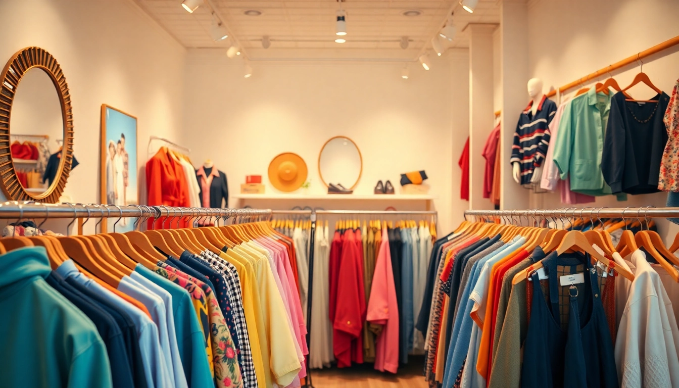 Showcasing trendy outfits inside a vibrant clothing store, inviting shoppers with stylish options.