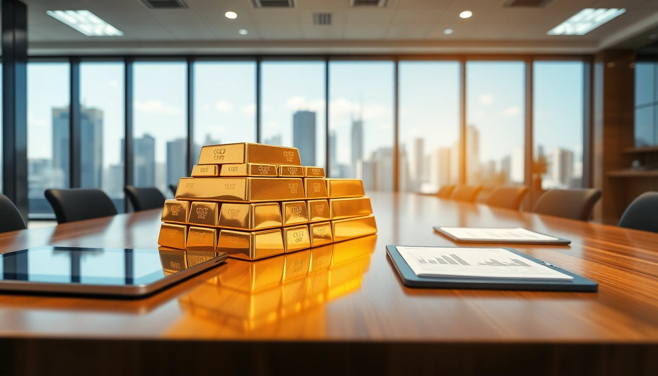 Gold price india depicted with elegant gold bars and financial documents in a professional setting.