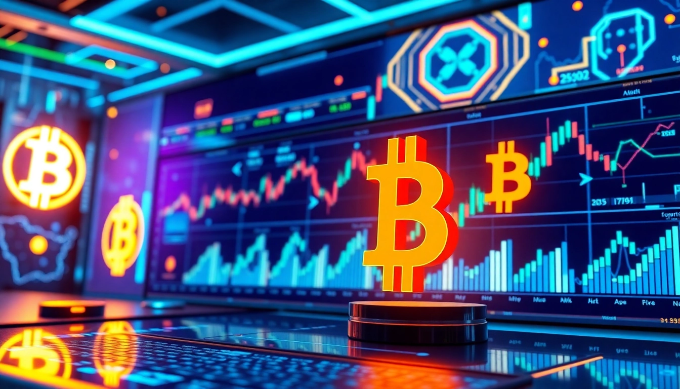 Wizualizacja handlu Bitcoina z sieciami blockchain i cyfrowymi portfelami, z dynamiczną analizą kryptowalut.