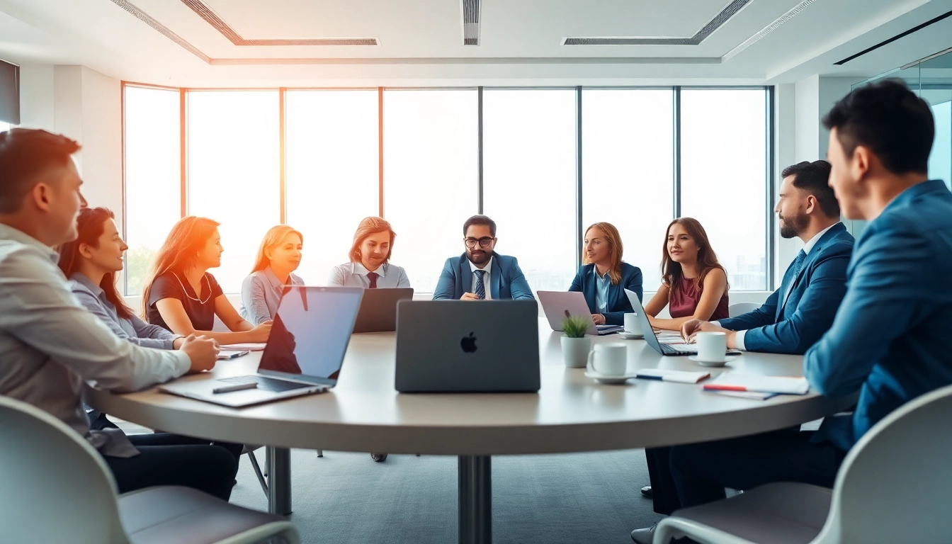 Engaged professionals discussing business strategies in a modern conference room.
