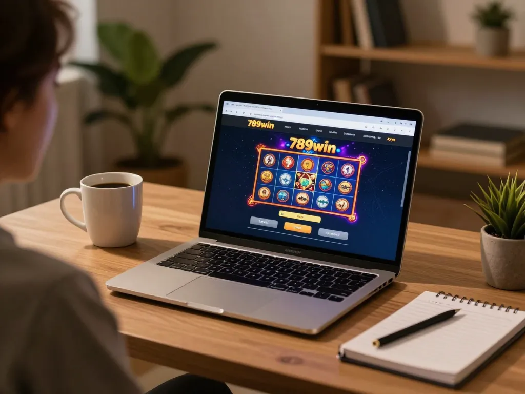 Engaging scene of online gambling with 789win .com displayed on a laptop during a cozy home gaming session.