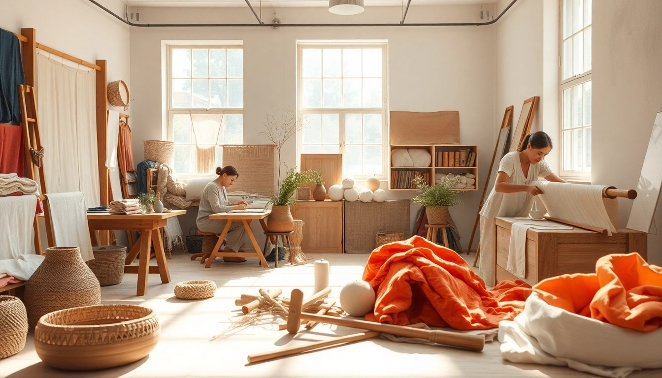 Artisans crafting sustainable textiles for Raw Ecoproject in a bright, inviting workshop.