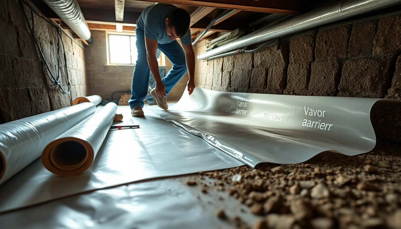 Vapor Barrier Installation process highlighting an expert installing a moisture barrier in a crawlspace.