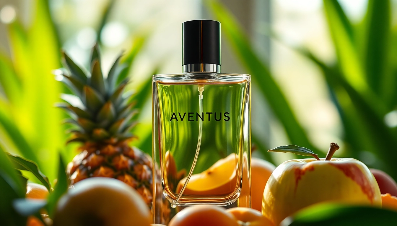 Aventus fragrance bottle highlighted among fresh fruits in a sophisticated setting.
