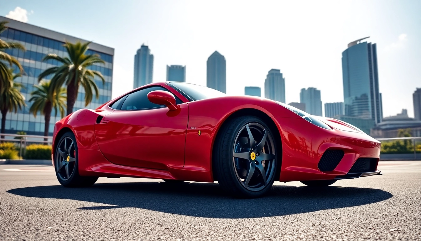 Buy used Ferrari in Gauteng with a stunning red Ferrari parked against Johannesburg's skyline.
