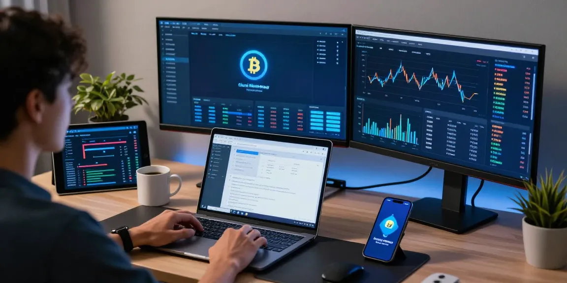 Cloud mining platform analysis on a multi-monitor trading setup with cryptocurrency charts and blockchain data.