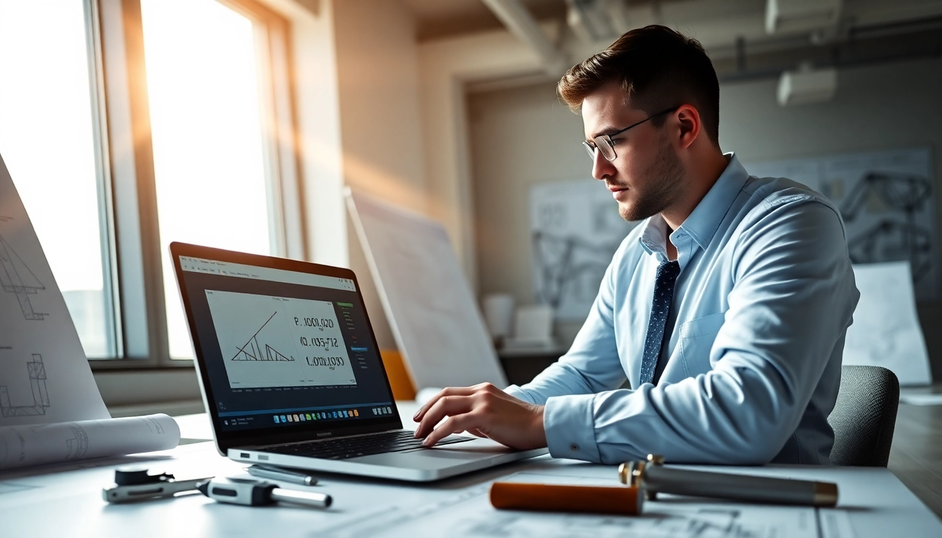 Using a truss calculator in a modern workspace with technical diagrams and bright lighting.