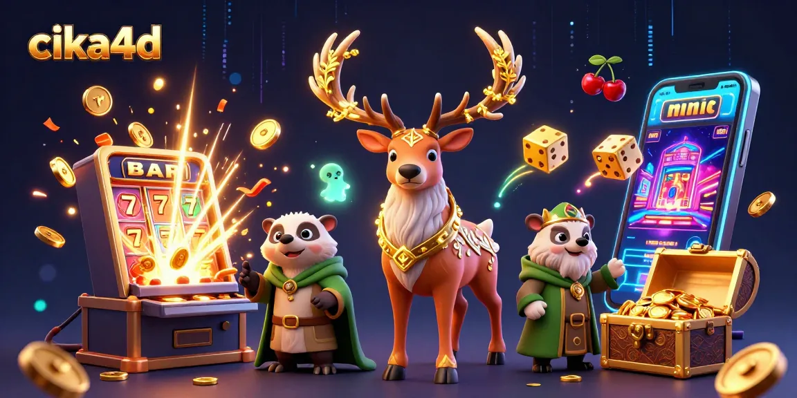 Experience thrilling adventures with cika4d in this vibrant casino illustration featuring a magical stag, badger, and jackpot surprises.