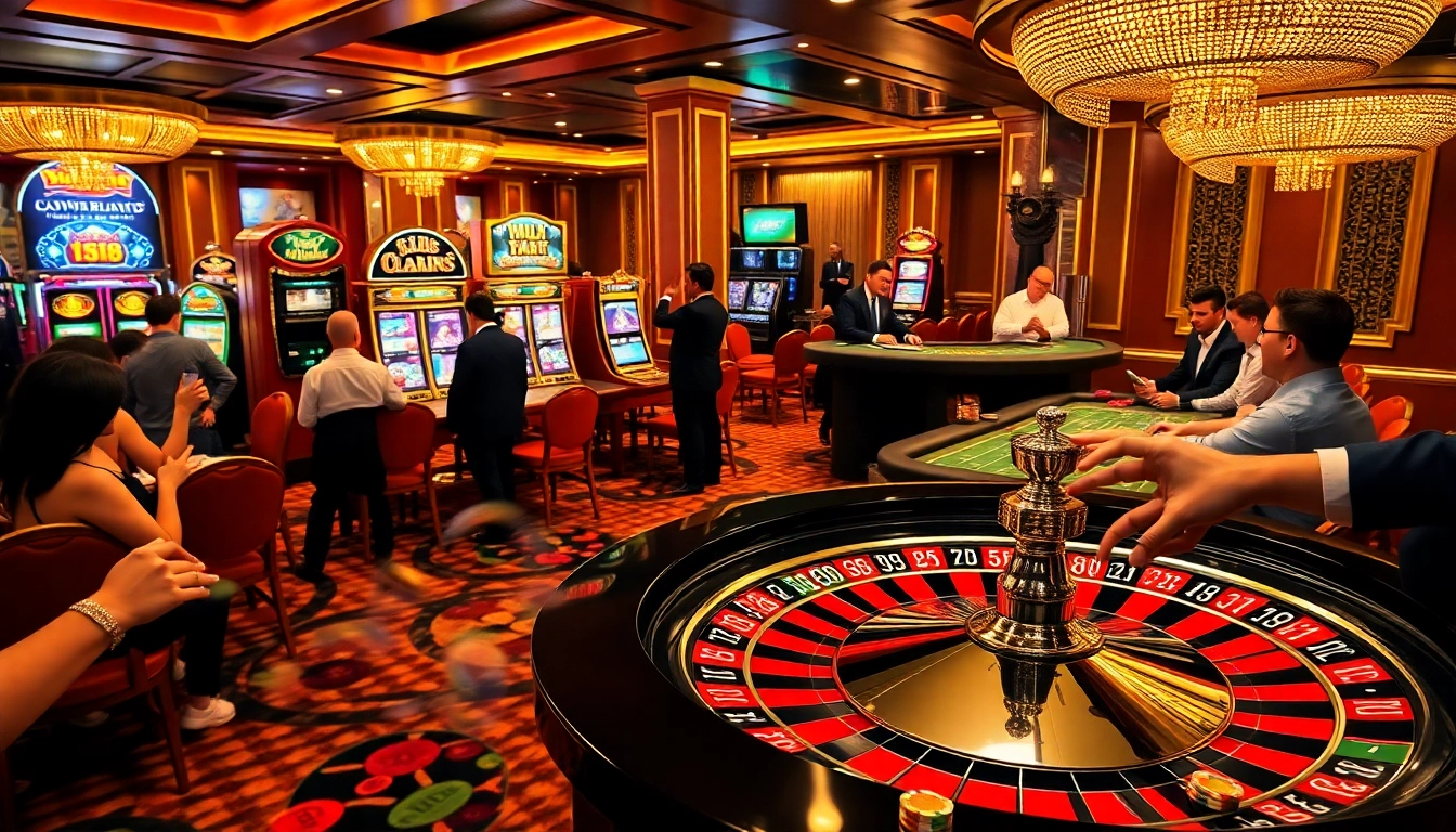 SKY88 casino features vibrant roulette and blackjack tables with excited players.