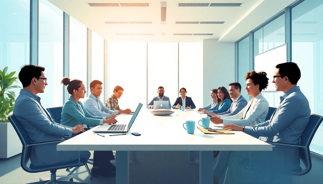 Engage in business discussions among diverse professionals in a modern office setting.