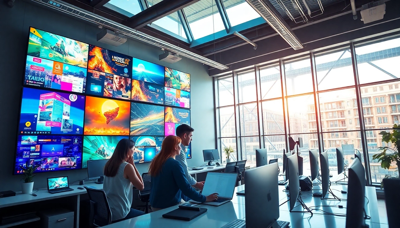 Collaborative team using klynt to create vibrant multimedia projects in a modern workspace.