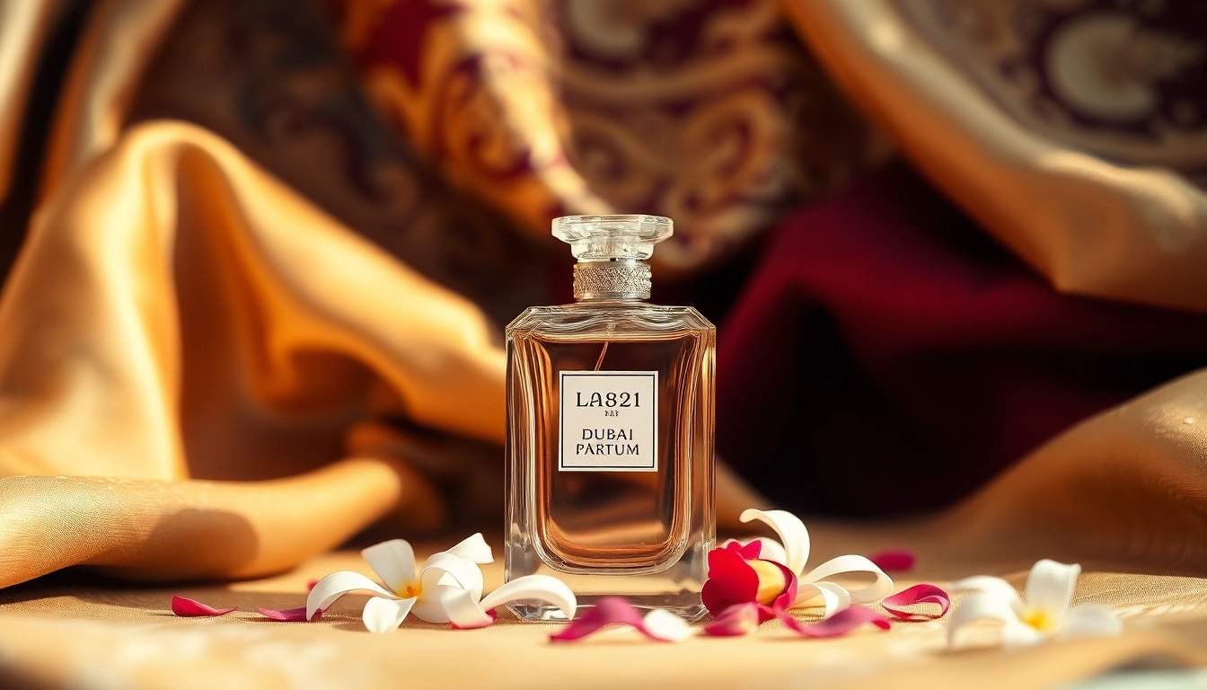 Fleurige Dubai parfum fles centraal weergegeven, omringd door luxe stoffen en bloemen.