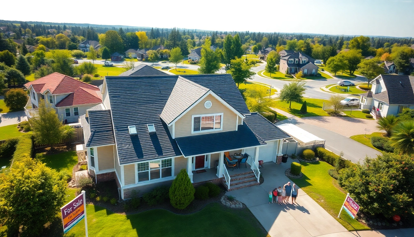 Real Estate agent presenting properties with a cheerful family in a picturesque neighborhood.