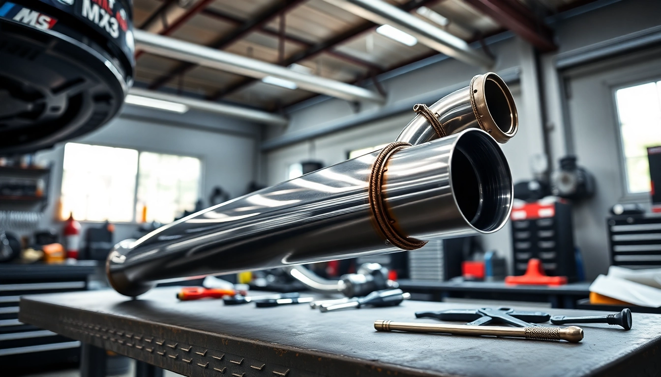 View of the M5 downpipe on a workbench, showcasing its sleek design and quality materials.