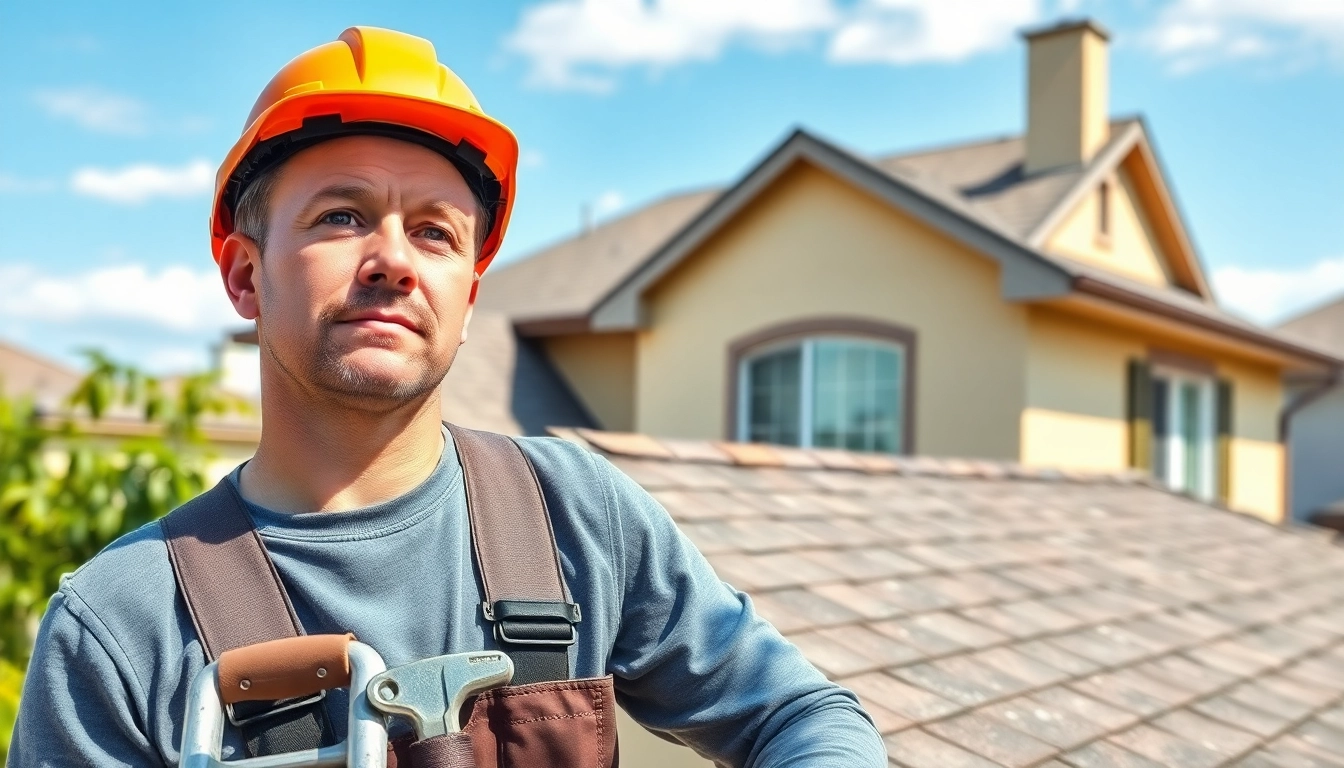 Roofing contractor inspecting a house's roof, ensuring quality and safety.