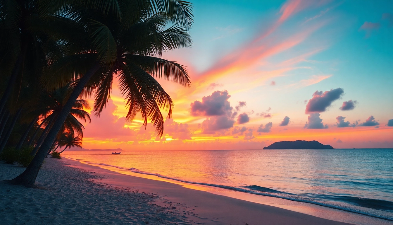 Travel destinations showcasing a tropical beach at sunset with vibrant colors.