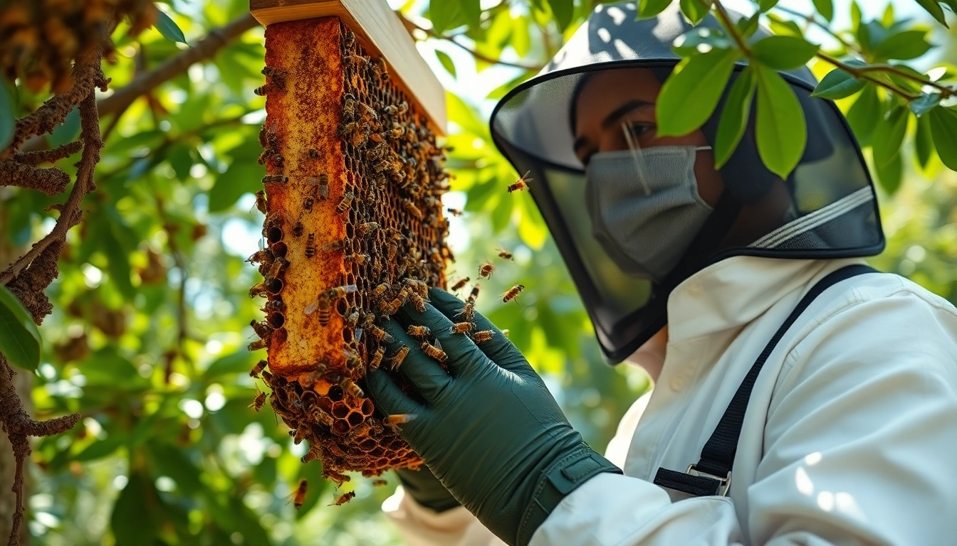 Engaging honey bee removal services by a professional beekeeper in a residential garden.