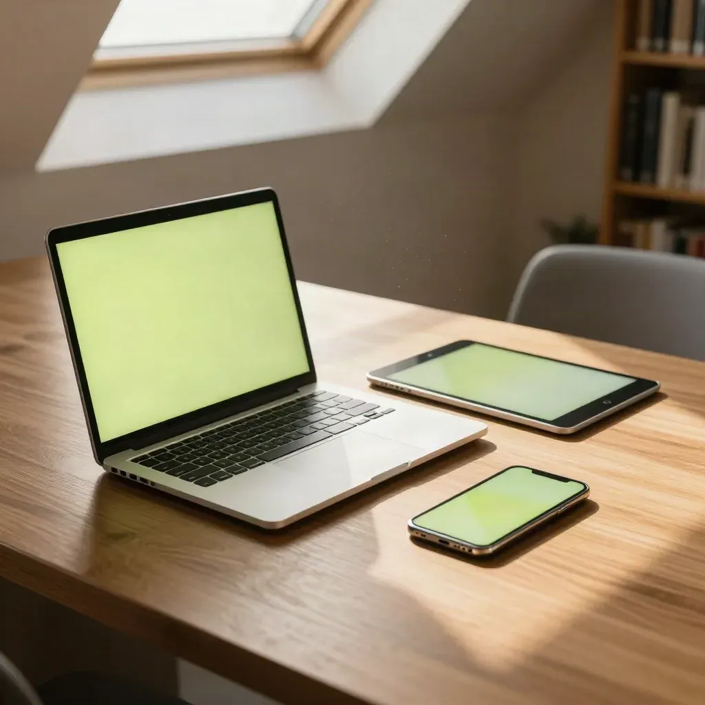 Three devices on a library table under skylight, screens waking in sequence