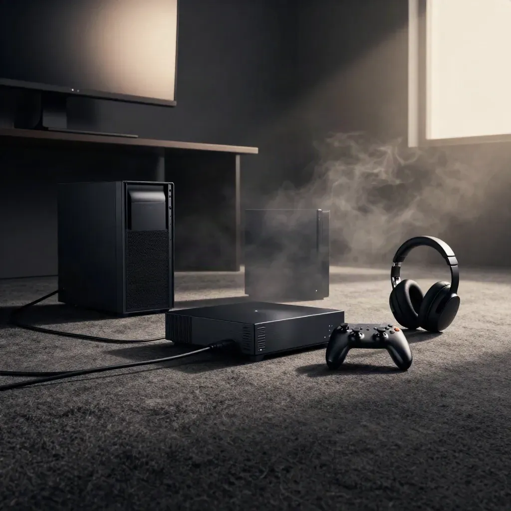 Gaming console and PC booting in a dark media room, cable run and haze