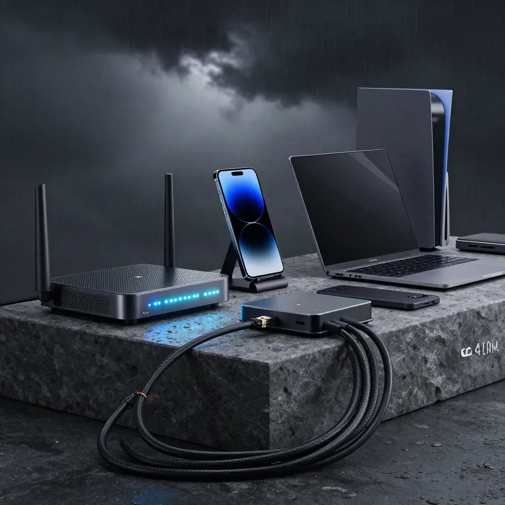Fiber modem, router, gaming phone, laptop, console and cables glowing after a storm.