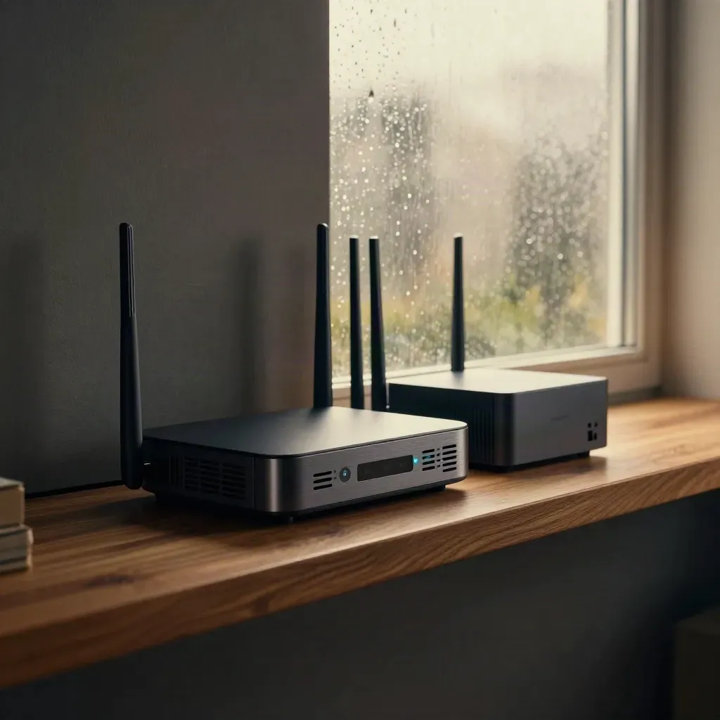 Fiber modem, gateway, and mesh router glow teal on a rainy hallway shelf by a fogged window.