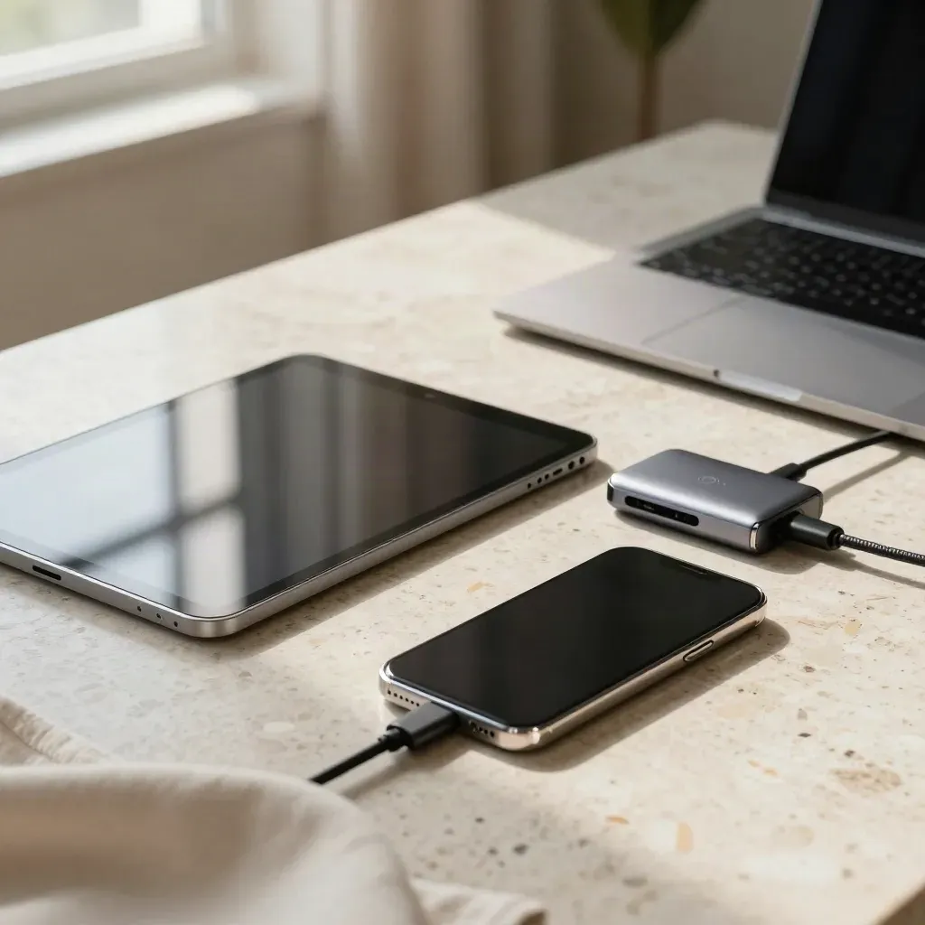 Tablet, smartphone, and ultrabook wake in sequence on travertine with soft window haze.