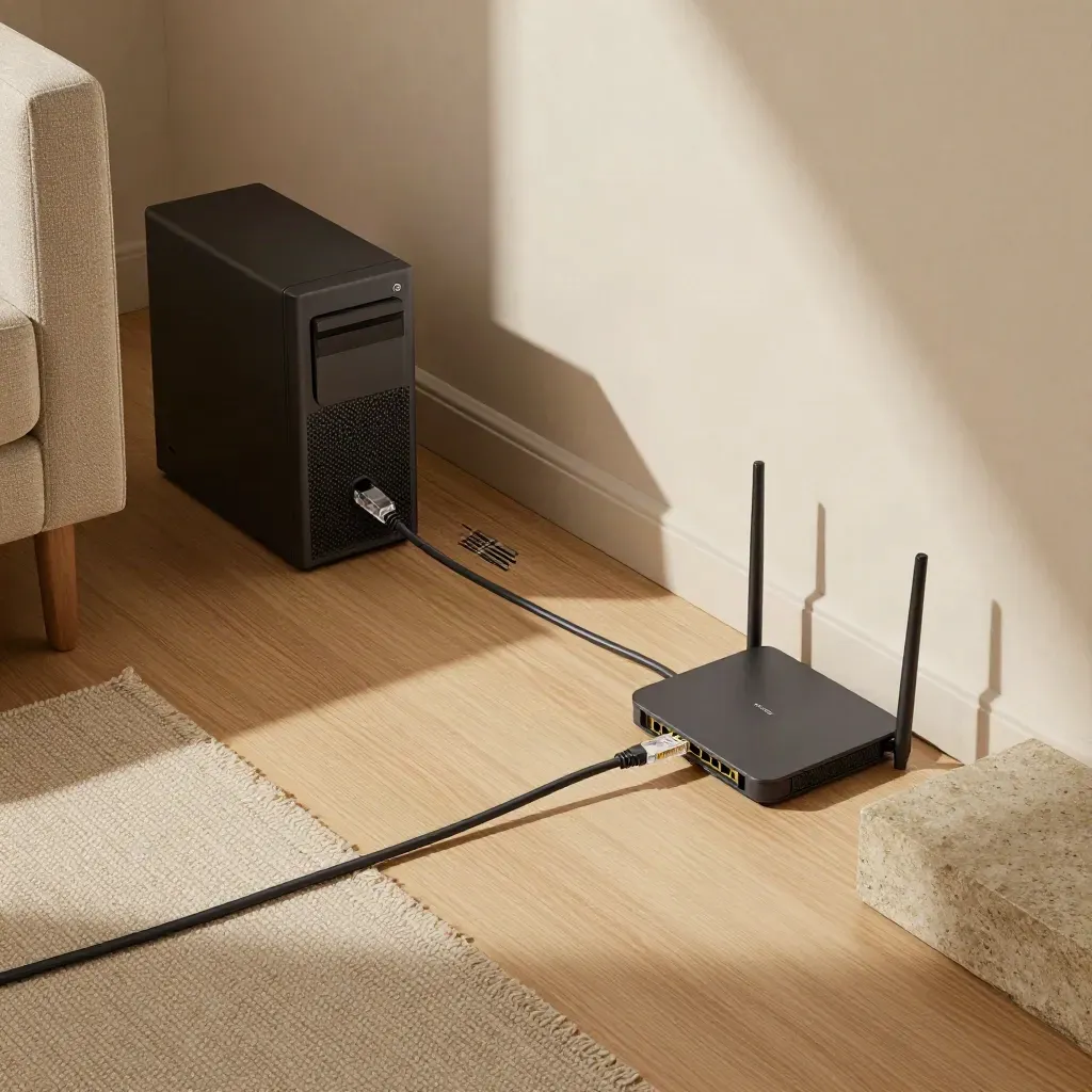 Router, mesh node and desktop tower linked by a taut ethernet cable across a living room corner.