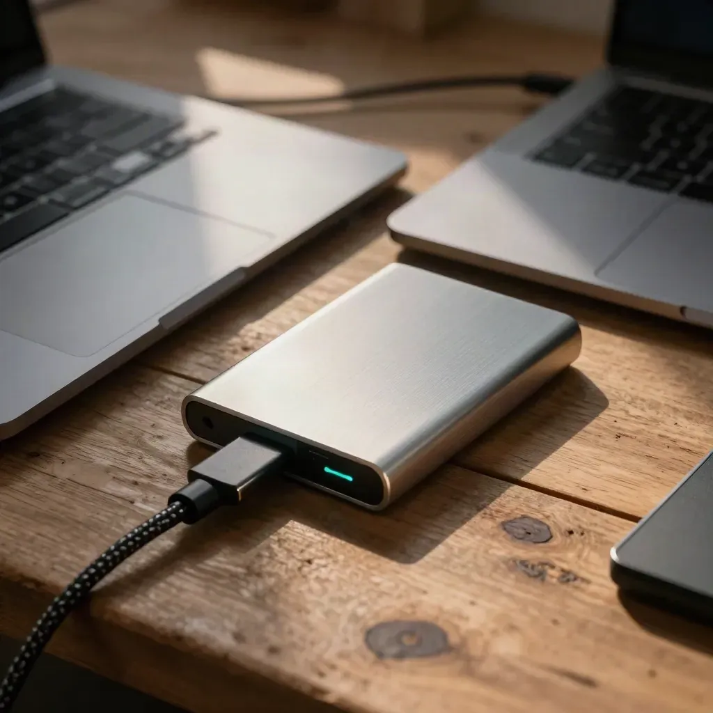 Closed laptop, external SSD and braided cable on a warm workbench as a file transfer finishes