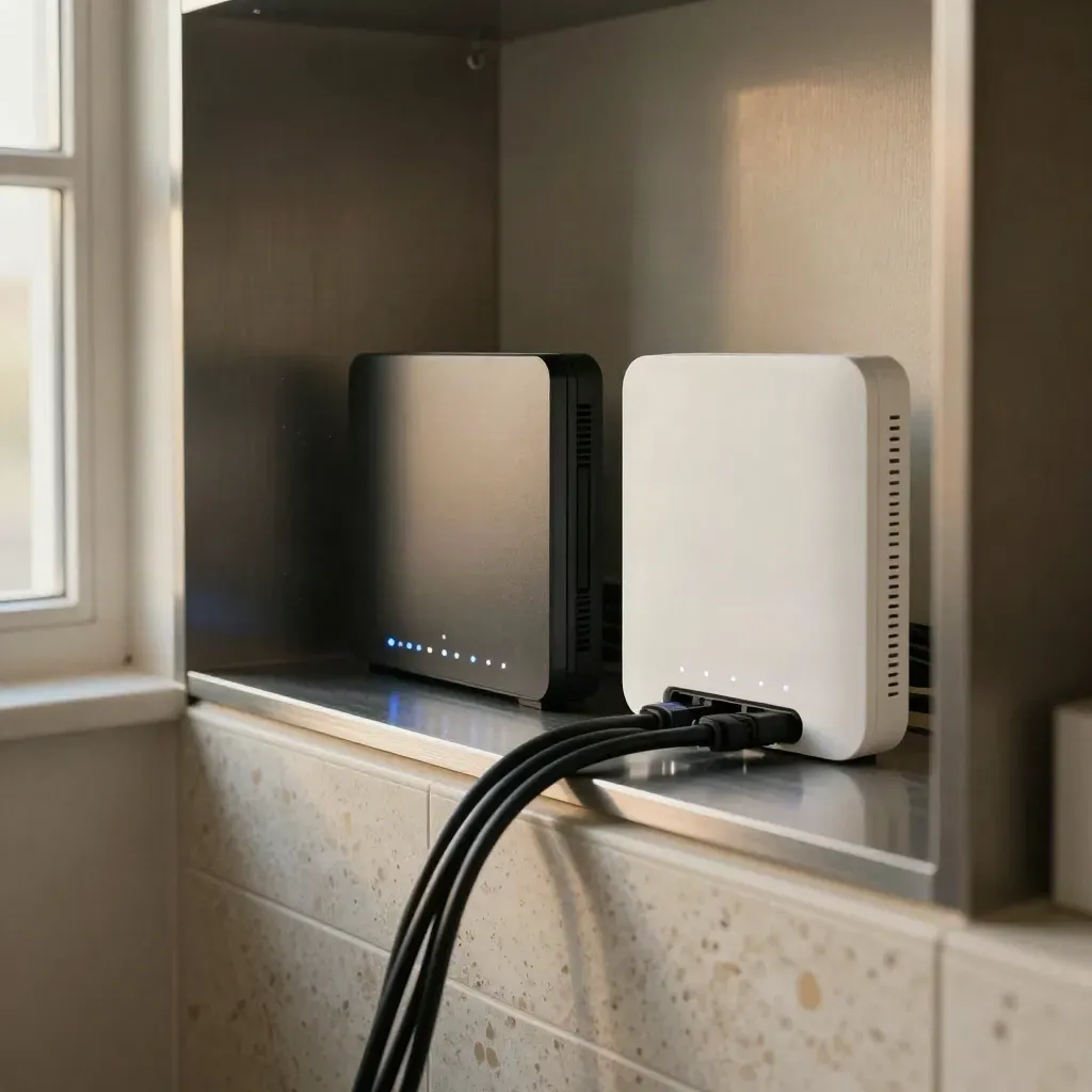 Fiber modem and two mesh nodes in a utility closet as blue link lights come alive.