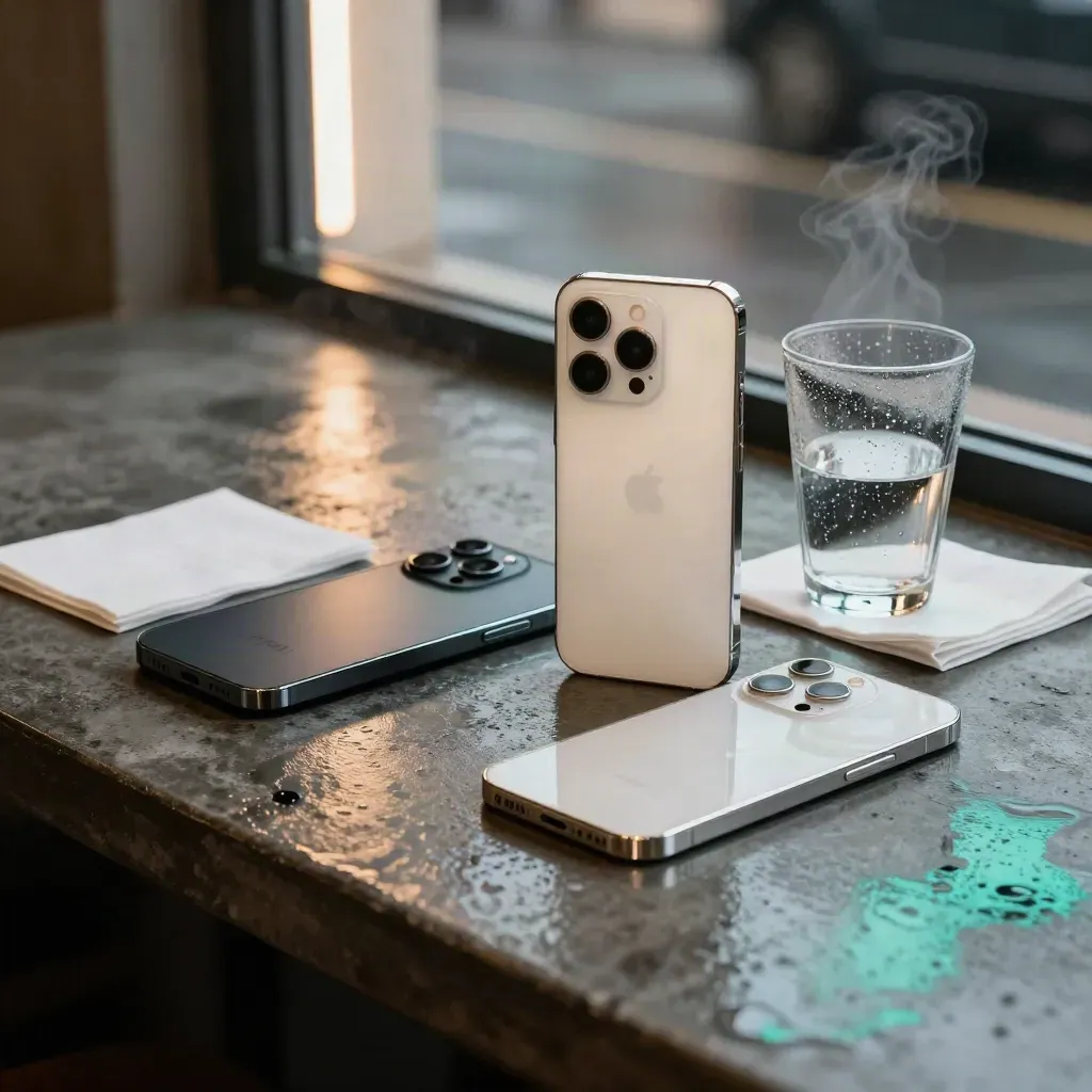 Two flagship phones wake together on a wet cafe table beside a wireless pad, with teal reflections.