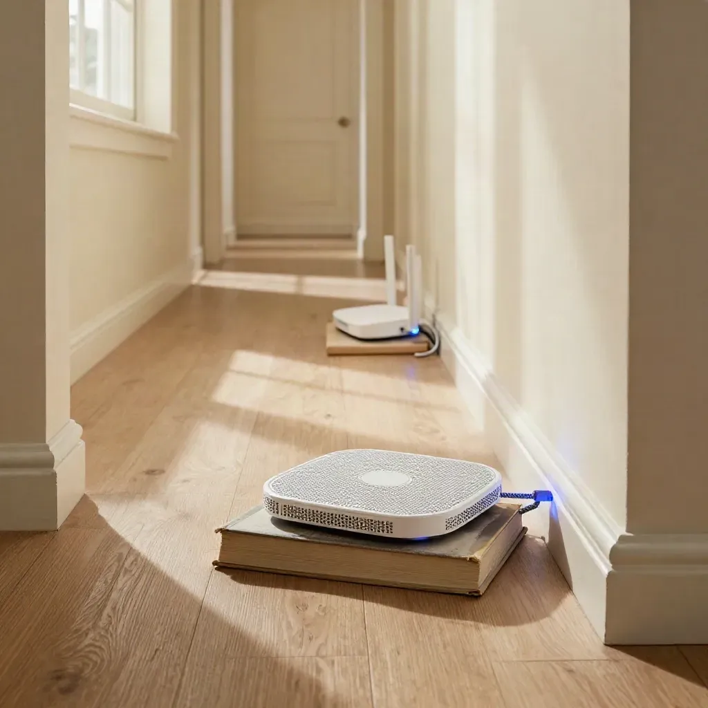 Low hallway shot of a mesh node, router and cable glow with blue light.