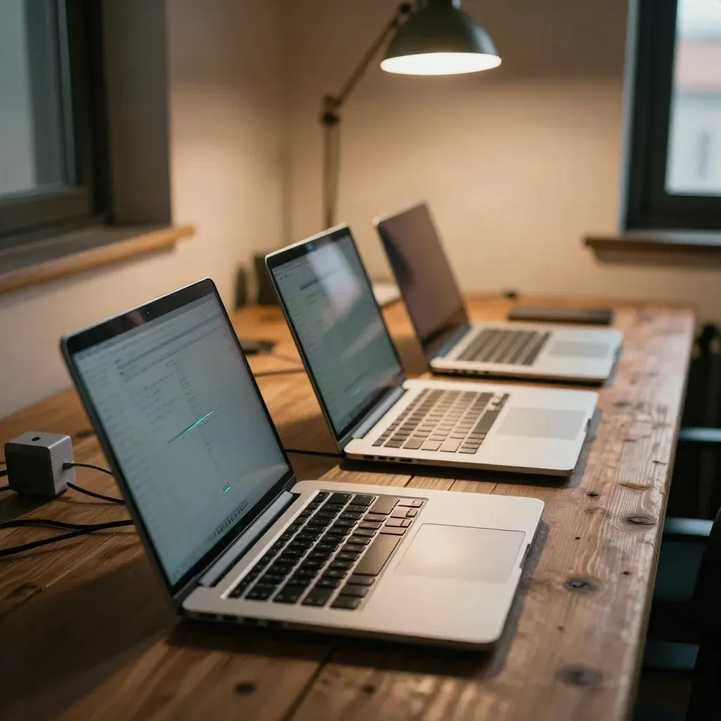 Three laptops on a wooden table, waking up in sequence with chargers behind them.
