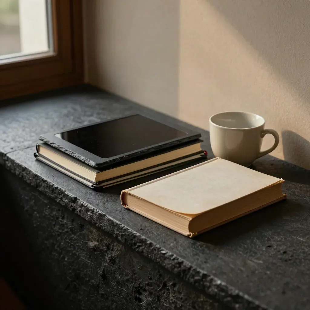 Tablet, notebook, face-down book, and ceramic cup on a charcoal reading ledge in haze.
