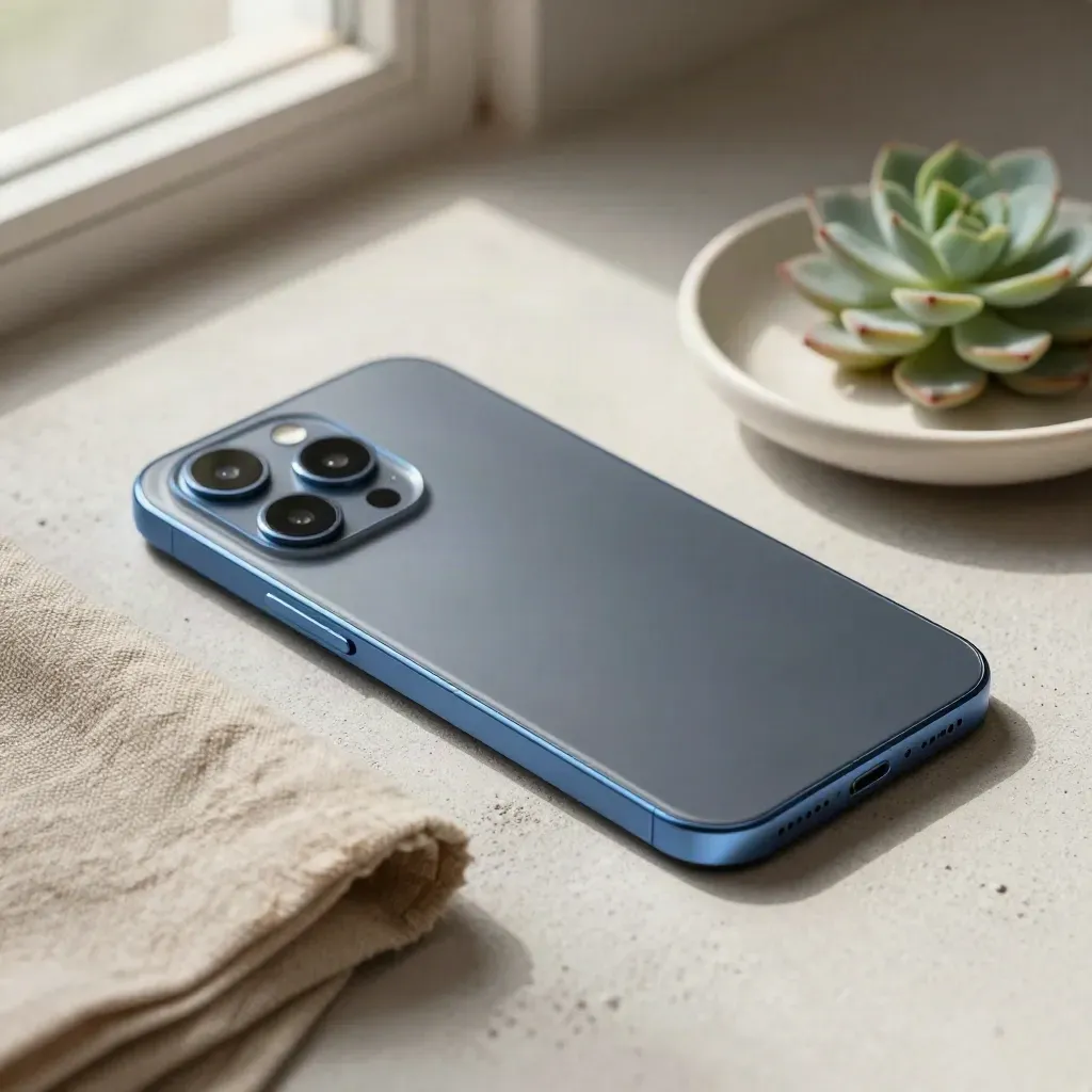 Matte smartphone with linen, ceramic dish and succulent on stone, lit with soft blue glow.