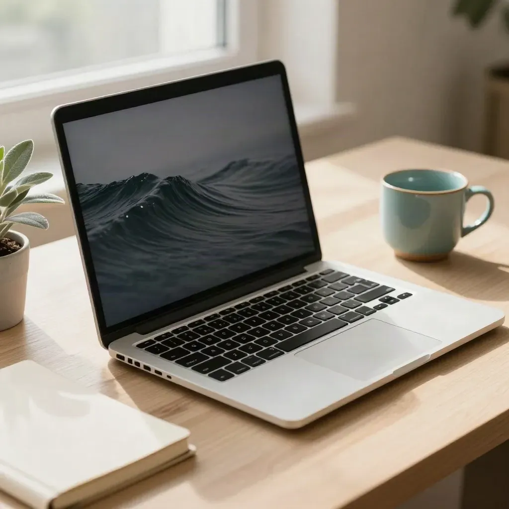 Half-open laptop on pale wood with notebook, plant, and cup in soft window light.