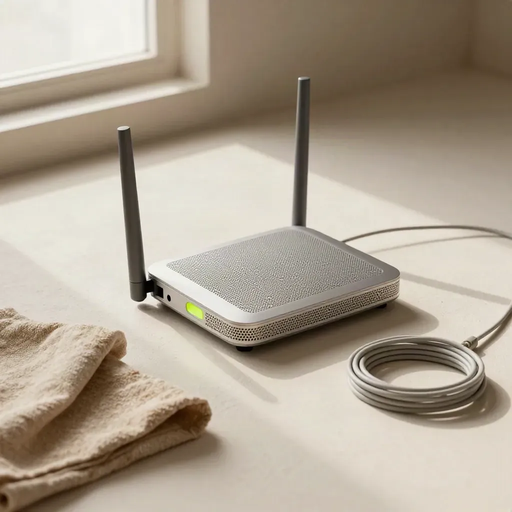 Router on plaster with cloth, stone dish, cable coil and a soft lime glow.
