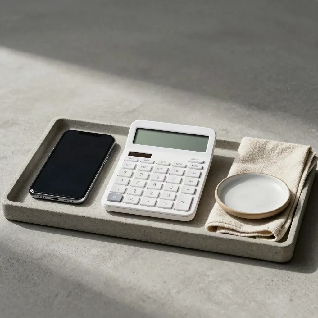 Calculator, phone, cloth and ceramic dish arranged on a stone tray in soft daylight.