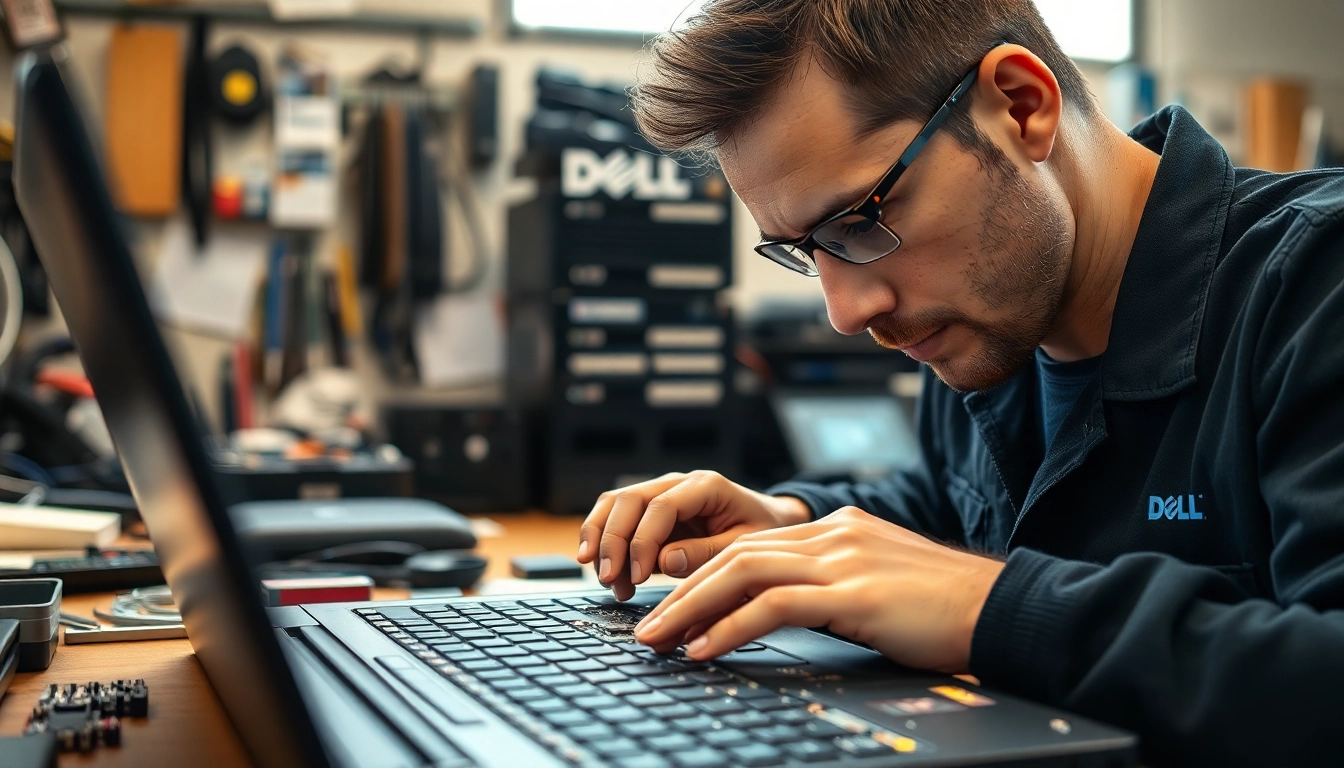 Dismantling laptop to replace Dell Parts with precision and care in a well-lit workshop.