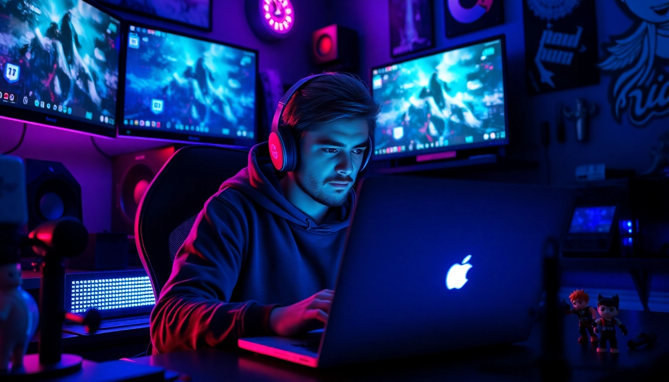 Professional gamer engaged with https://streamgen.cc in a dynamic gaming setup filled with vibrant displays.