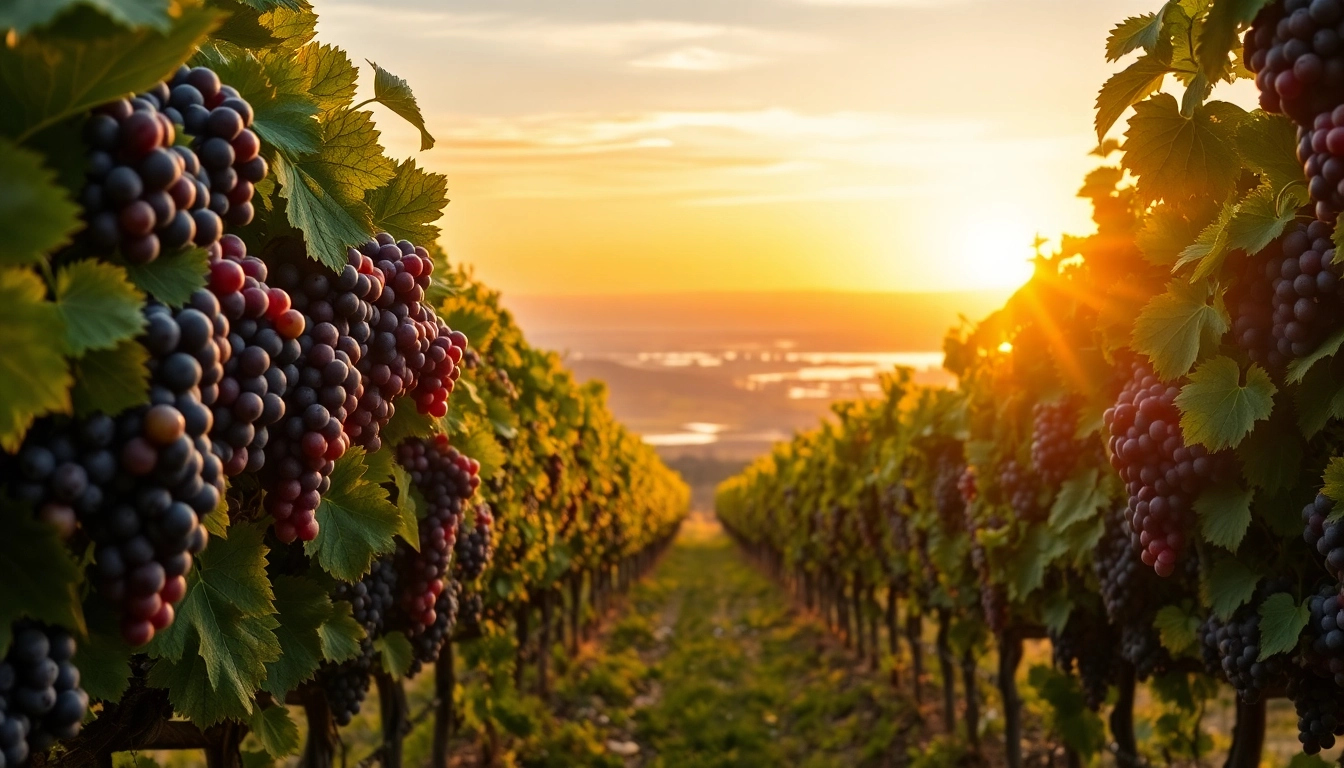 Celebrate Clarksburg wines amidst a picturesque vineyard with ripe grapes and sunset scenery.